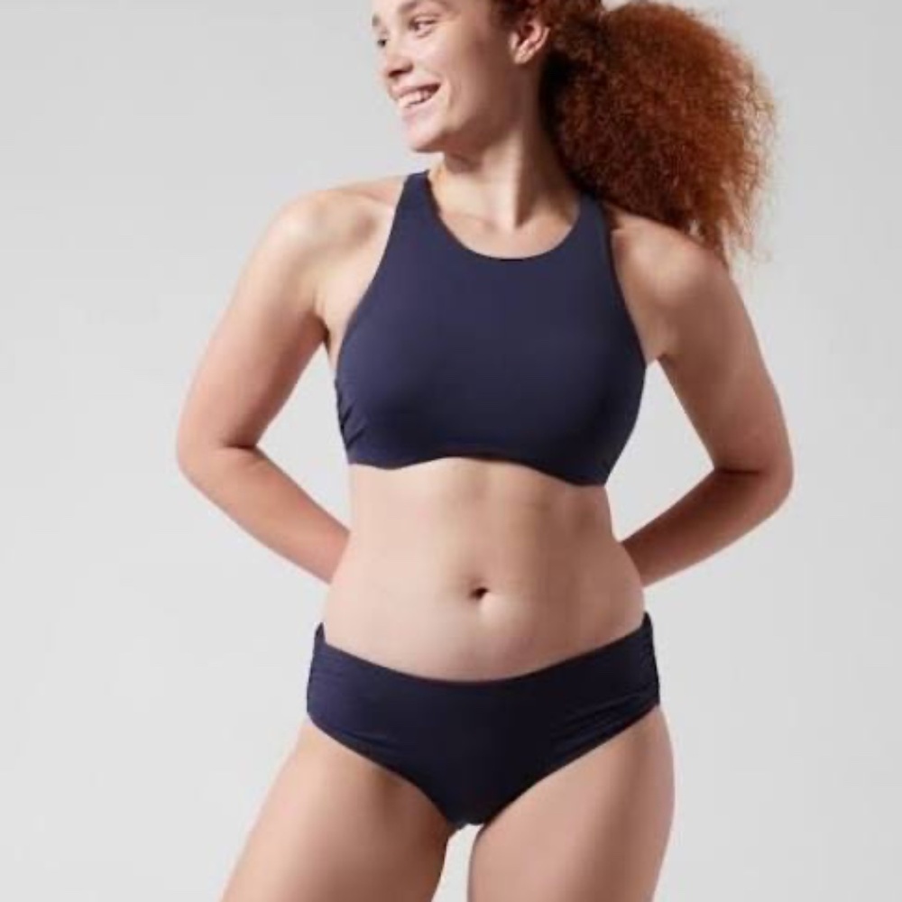 Athleta Maldives two-piece swim suit in wine-red.